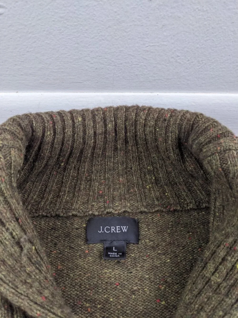 J Crew Sweater Wool Blend Shawl Collar Donegal Flecked Green Mens Large